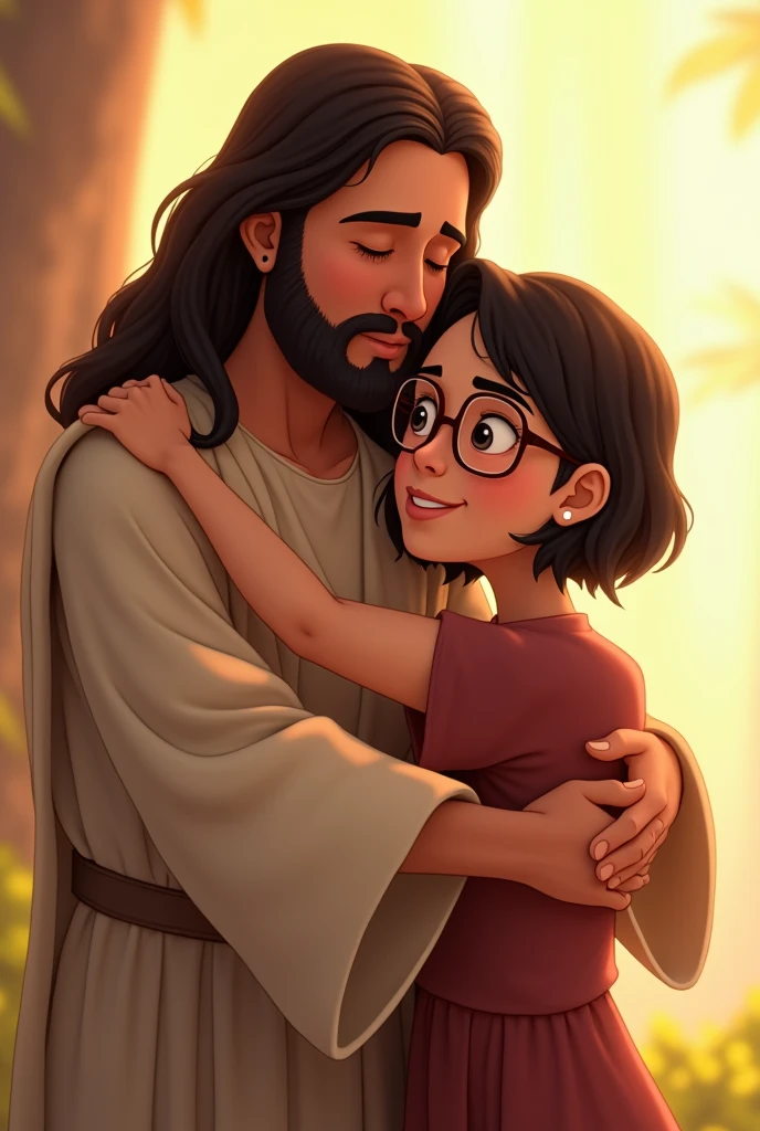 Animation of a happy Jesus hugging a white woman with short black hair wearing caramel-colored square glasses