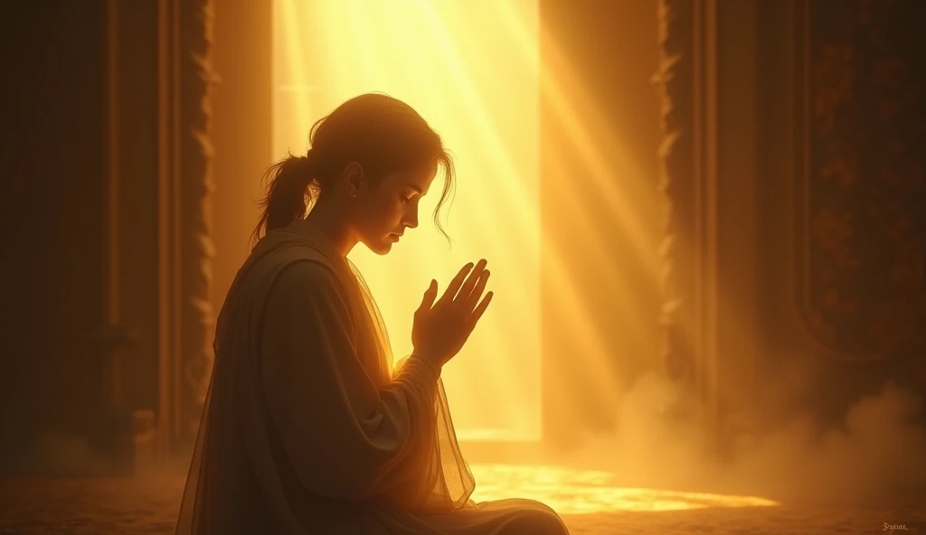 Gradually, the person starts to pray, and a soft, golden light begins to illuminate around you, dispelling the shadows and bringing a sense of peace. This light grows slowly, symbolizing the power of prayer to resist evil.