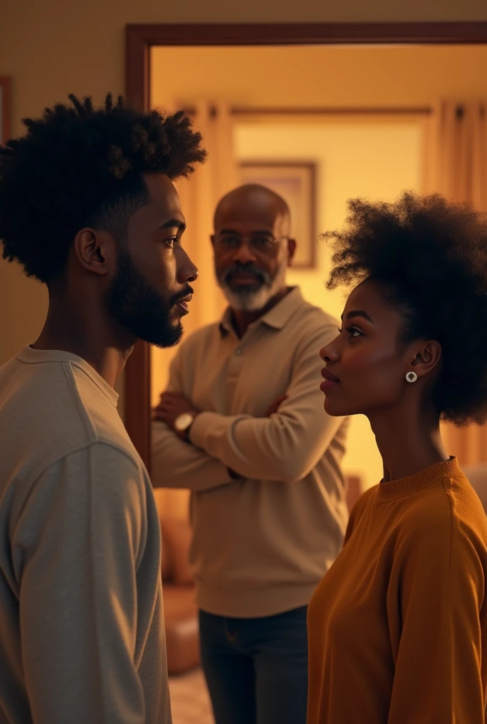 Generate an image of a black young handsome man and a very young beautiful lady with Afro walking into a living room towards an older black man of about 40 years in the background