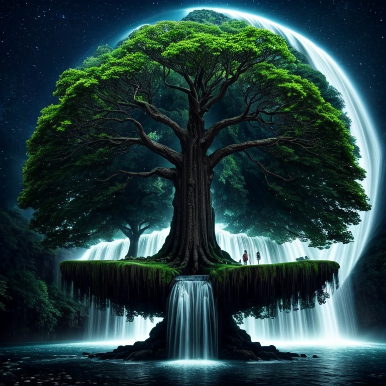 a tree in the middle of a waterfall surrounded by trees, tree of life, strange tree of life, the world tree, the tree of life, tree of life seed of doubt, world tree, yggdrasil, fantasy tree, magical tree, mystical setting, magical tree, beeple art, realism | beeple, tree of life inside the ball, (focus tree in the middle and waterfall), (Strange), (unique)