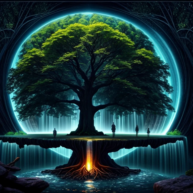a tree in the middle of a waterfall surrounded by trees, tree of life, strange tree of life, the world tree, the tree of life, tree of life seed of doubt, world tree, yggdrasil, fantasy tree, magical tree, mystical setting, magical tree, beeple art, realism | beeple, tree of life inside the ball, (focus tree in the middle and waterfall), (Strange), (unique)