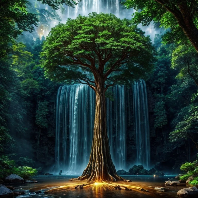 a tree in the middle of a waterfall surrounded by trees, tree of life, strange tree of life, the world tree, the tree of life, tree of life seed of doubt, world tree, yggdrasil, fantasy tree, magical tree, mystical setting, magical tree, beeple art, realism | beeple, tree of life inside the ball, (focus tree in the middle and waterfall), (Strange), (unique)