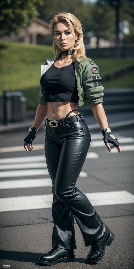 8k, masterpiece, best quality, ultra-detailed, sonyablade, 1girl, solo, long hair, blonde hair, cute blue eyes, breasts, choker, crop top, cropped green jacket, black fingerless gloves, full body, highleg panties, jacket, combat boots, lipstick, makeup, (abs:0.3), midriff, navel, black pants(Wide flares on pants:1.2),
