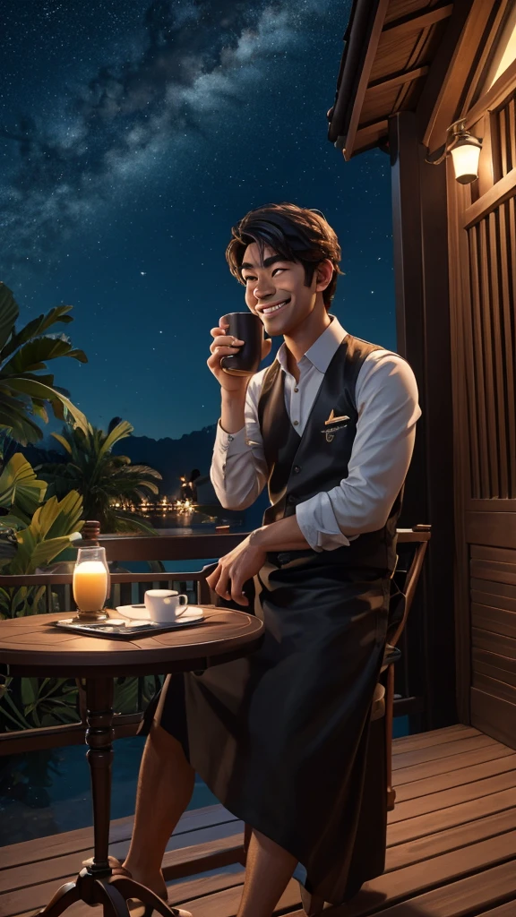 A handsome young man in a yellow suit on the side,Sitting at the dining table,I enjoyed the soup with a face,The expression on his face reveals a look of happiness and happiness,in the style of the stars art group xing xing, 32K, Best quality, Masterpiece, Super detail, High details