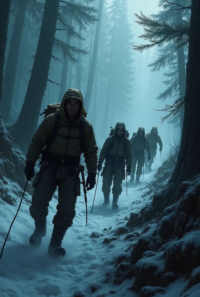5 mountain climbers 3 men, 2 women , forest background , dark , horror