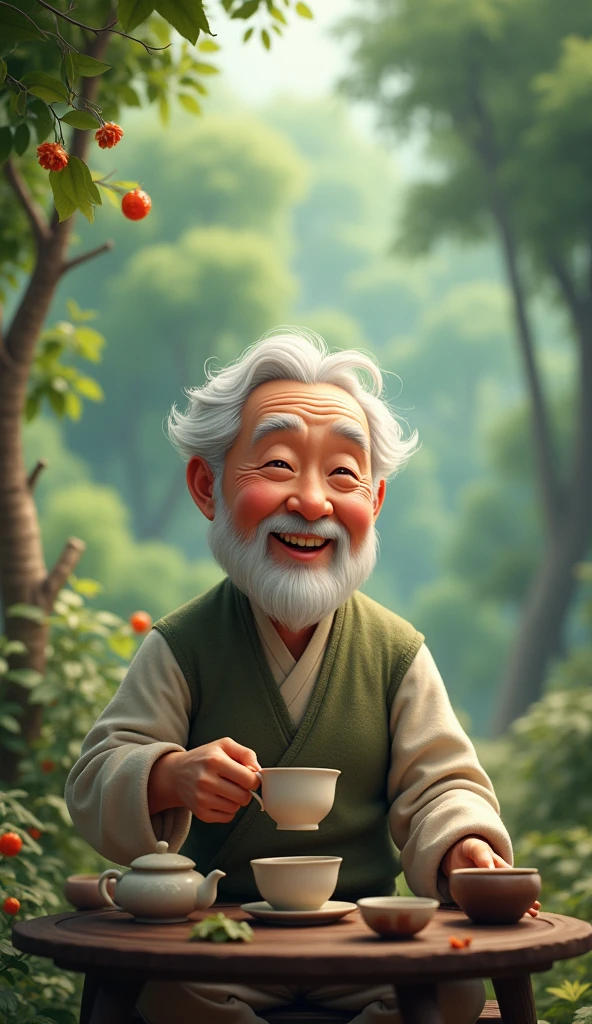 Chinese man, white hair, drinking tea, cheerful face, sitting and talking, behind him is a landscape of green trees