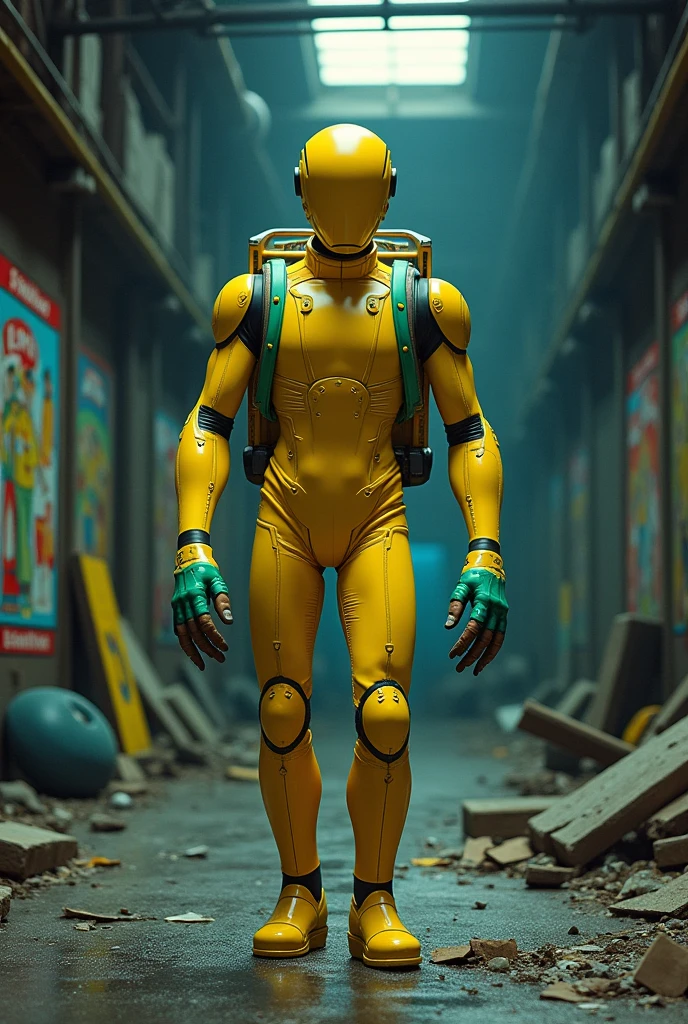 80s Dark fantasy a faceless all yellow player with a grabpack/jet with two hands holding the arms with his own hands to help him in obstacles, one green hand and one blue in an abandoned factory, everything broken and written poppy playtime and some posters of toy characters