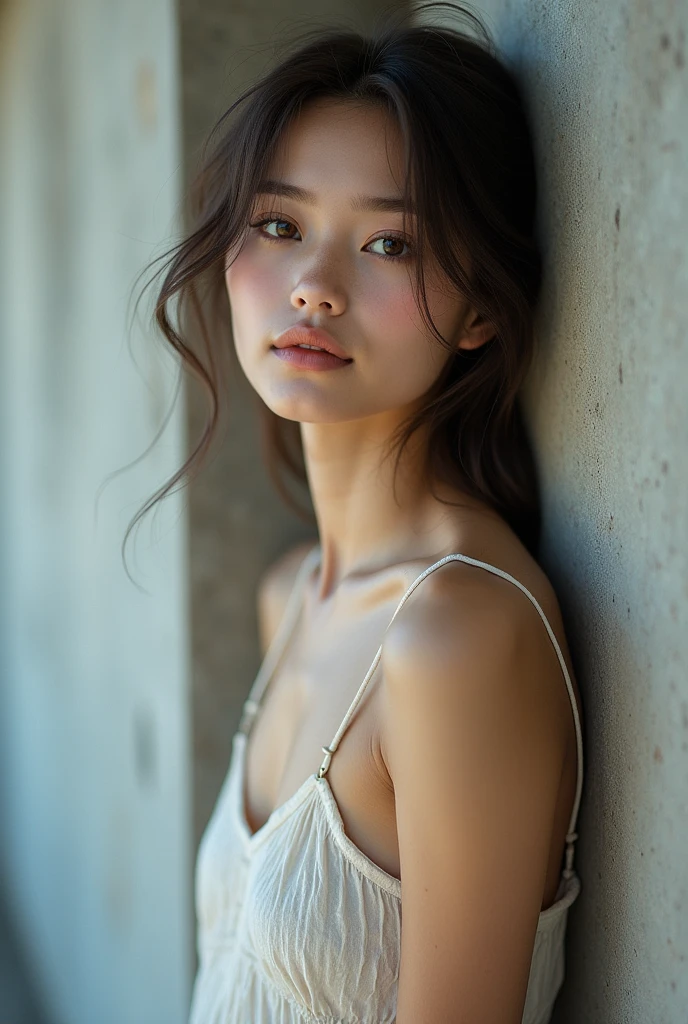 editorial photography,super detailed background,Super realistic,double exposure,depth of field,beauty super slender skinny young vides,soft focus pure tone,narrative scene,Plain color lyocell camisole,lean against the concrete wall,from directly below,