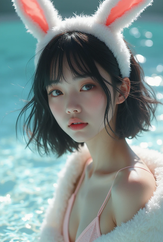 real photograph, (masterpiece), (highest quality), (Super detailed), (messy hair), (shape), (one japanese girl), (white fake fur bikini), fake fur rabbit ear, sitting down, Fashion Model, (glitter silver background), fine and beautiful eyes, pretty faced,  floating, (high color saturation),  focus on face, black bob cut hair, floating Hairs, (shining), best writing, best shadow,