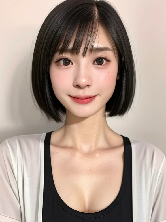 (kawaii 24 year-old Japanese girl, Nogizaka idol, Korean idol), healthy female athlete body, (glossy black hair, short hair, pixie cut, bangs:1.3), (rounded face, pure black eyes, single eyelid, no makeup, best smiling:1.2), (wearing crew neck t-shirt:1.3), extra small breasts, BREAK, (plain white background:1.3), (looking at viewer, facing straight forward at camera, id photo, bust shot:1.2), BREAK, (masterpiece, best quality, photo realistic, official art:1.4), (UHD, 8K quality wallpaper, high resolution, raw photo, golden ratio:1.3), (shiny skin), professional lighting, physically based rendering, award winning, (highly detailed skin, extremely detailed face and eyes, anatomically correct body), Carl Zeiss 85 mm F/1.4, depth of field, 1girl, solo,