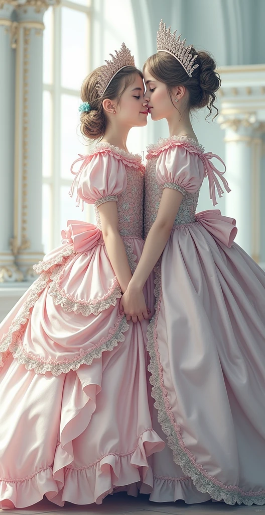 highest quality, masterpiece, highest resolution, artwork, super それにget used to it, many get used to it, get used to it, それにget used to it, woman, ,the two girls are princesses,((pink victorian voluminous ball gown dress)),long sleeve,long dress,A dress with lots of frills and ribbons...Wearing a tiara on her head,luxury,two people kiss,