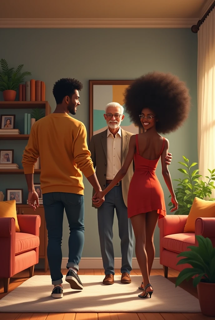 Generate an image of a black young handsome man and a very young beautiful lady with Afro walking into a living room towards an older black man of about 40 years in the background introducing her to the man