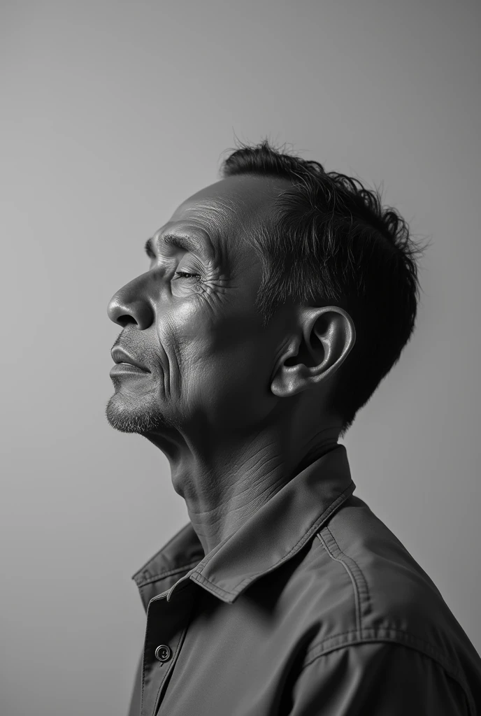 A 40 -year-old man with indigenous features, Peruvian, with an closed eye, in black and white, without curls, thin and wearing a shirt