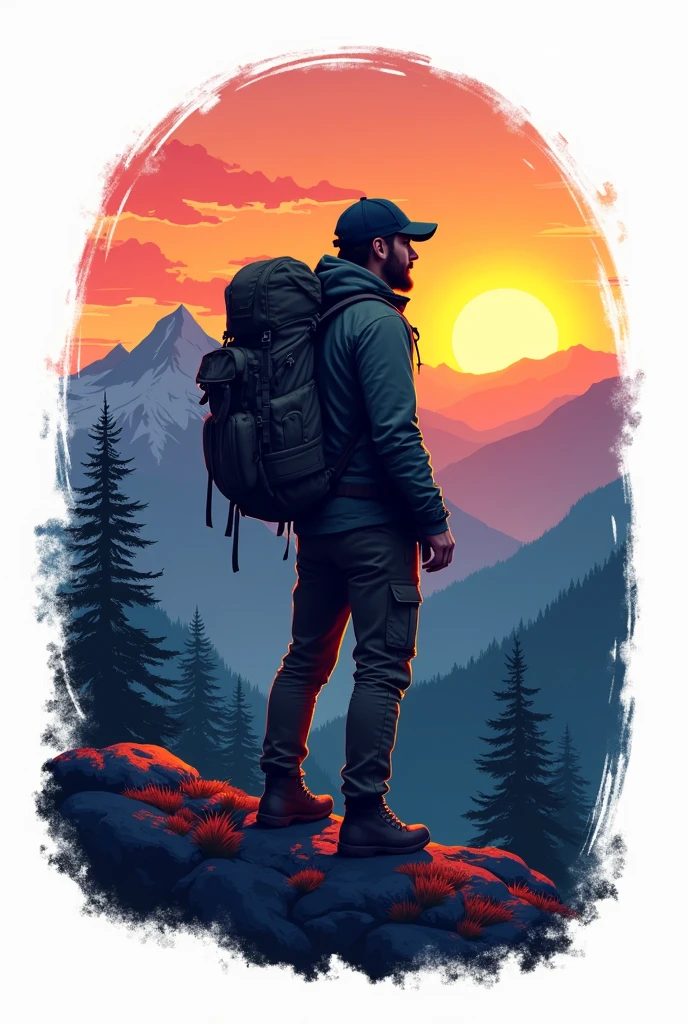 Vector t-shirt design ready to print, adventure scene with explorer, with a beautiful evening sun and the mountain in the background, Clean white background, professional vector, full shot, 8k resolution, deep impression illustration