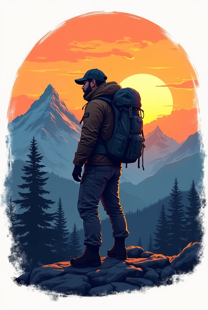 Vector t-shirt design ready to print, adventure scene with explorer, with a beautiful evening sun and the mountain in the background, Clean white background, professional vector, full shot, 8k resolution, deep impression illustration