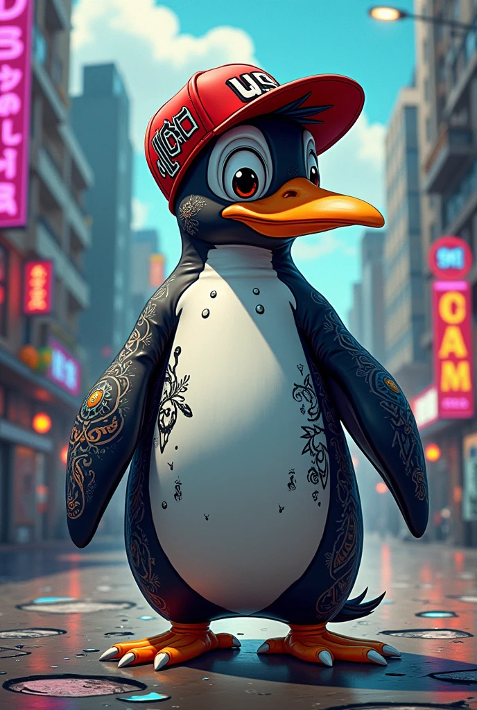 A penguin wearing a rapper cap with tattoos

