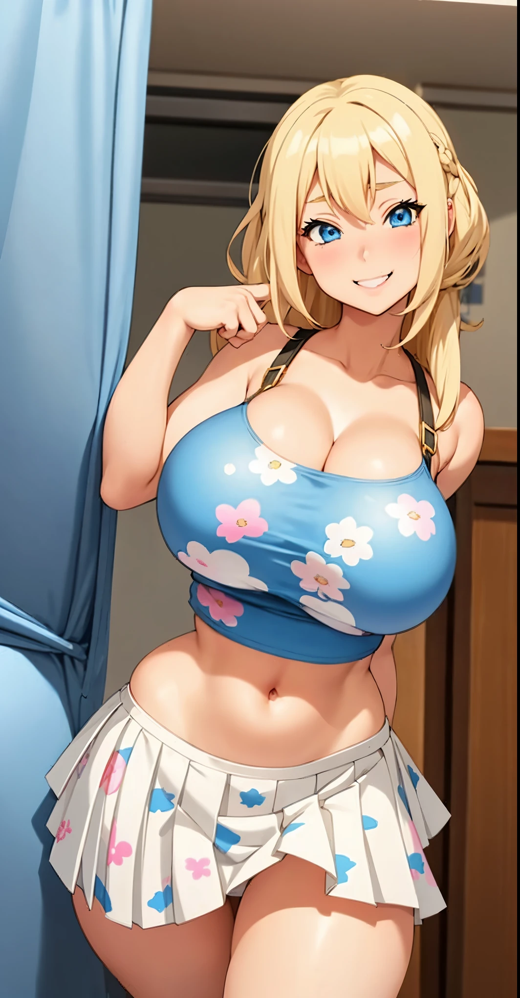 Anime girl, blue eyes, blonder hair, muy voluptuosa, , big breast, shy smile, wallpaper, puffy fabric crop top, long pleated skirt with prints, strap, breasts bounce, house