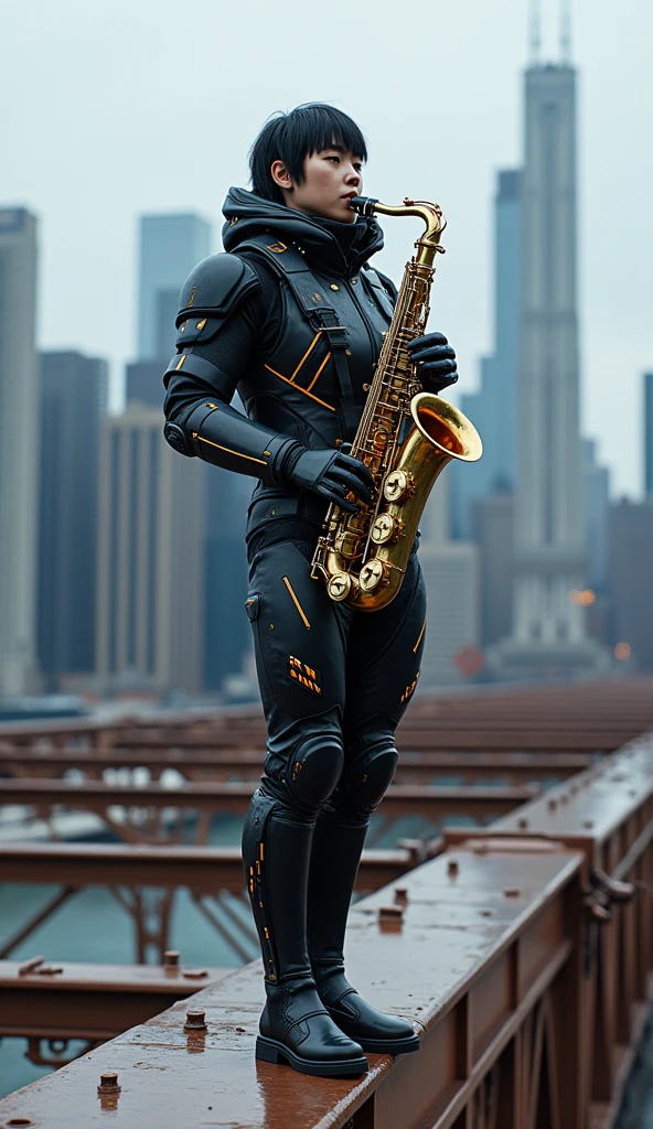photo-realistic, ultra-realistic, very beautiful Japanese futuristic soldier, famous Japanese idol, 25 years old, dramatic scene, masterpiece, beautiful eyes, playing the sax at the top of the brooklyn bridge, skyscrapers, cyber punk mecha armor suits, dynamic pose, dynamic angle, standing on the dangerous edge