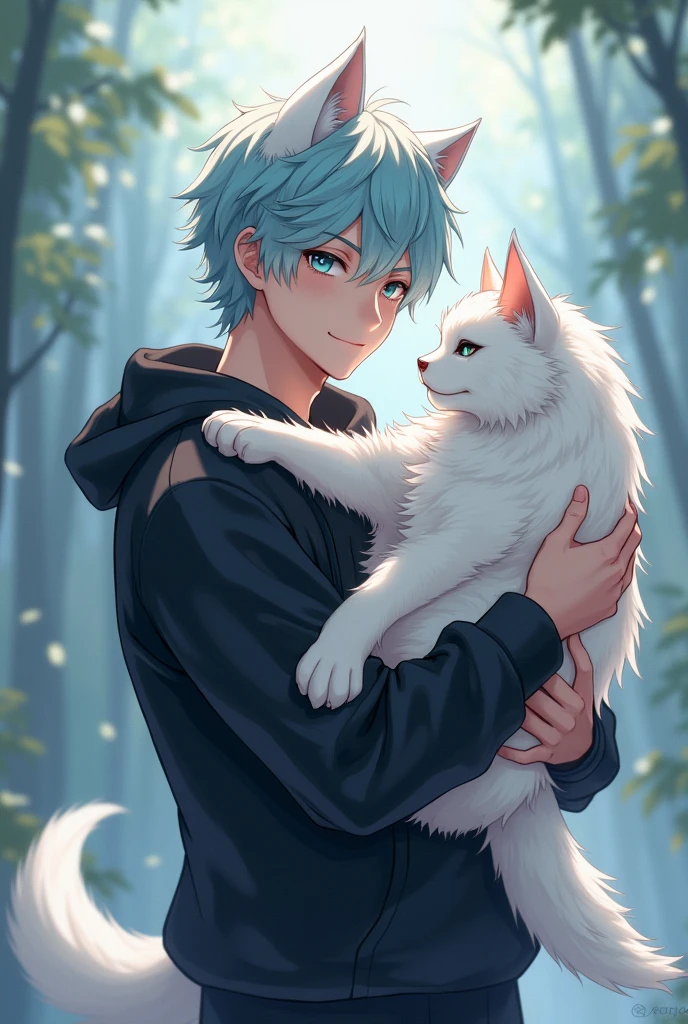 Một chàng trai tuấn tú, light blue hair,blue-green eyes with slightly black pupils, smile bright as sunshine, black hoodie outfit , 6&#39;7 tall, holding a large white long-haired cat in his arms, boy with wolf ears and tail
