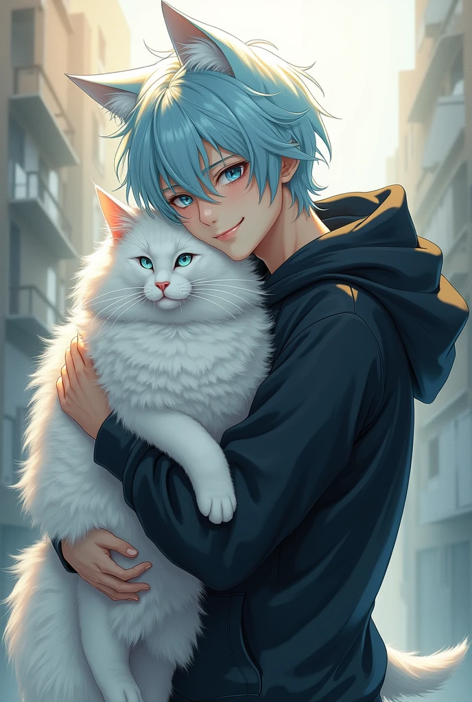 Một chàng trai tuấn tú, light blue hair,blue-green eyes with slightly black pupils, smile bright as sunshine, black hoodie outfit , 6&#39;7 tall, holding a large white long-haired cat in his arms, boy with wolf ears and tail