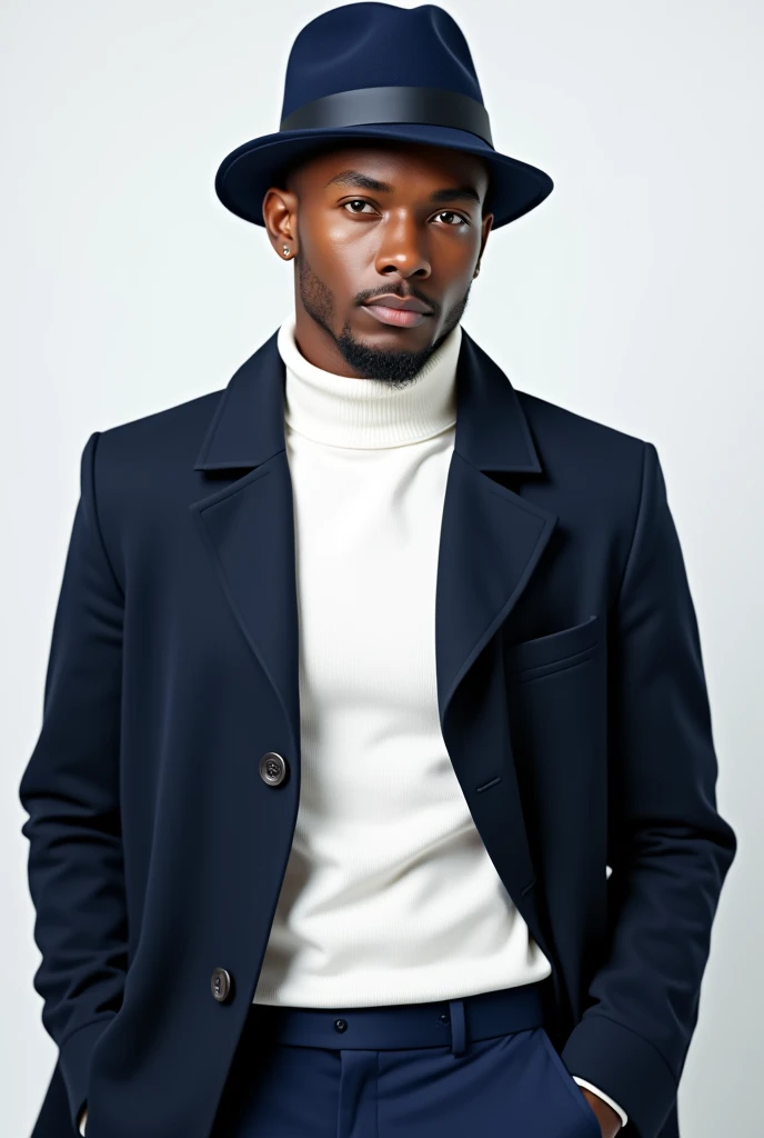 best qualityer:1.4), (ultra high resolution:1.2), (photorrealistic:1.4), (8k, CRU photo:1.2), a thin young man of 20 years old, brown skin, with a smooth, beardless face, low fade haircut, with shaved sides and a slightly high top, similar to the fade or taper haircut style, white turtleneck shirt with a navy blue coat on top, navy blue dress pants, is sitting on a white cube. You are in a photography studio with a white background. Camera focuses on the face. He has a seductive face for the camera. He&#39;s wearing a navy blue hat 