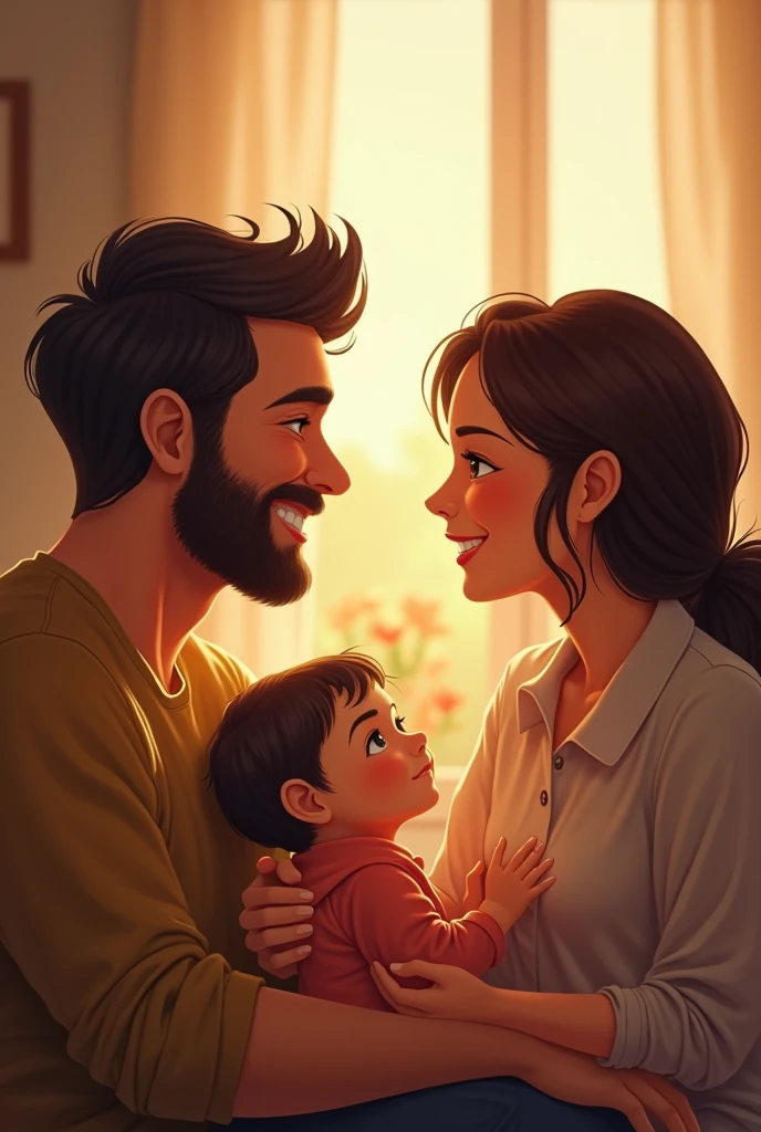 father is smiling while looking at mother. one woman sitting next to father looking at mother