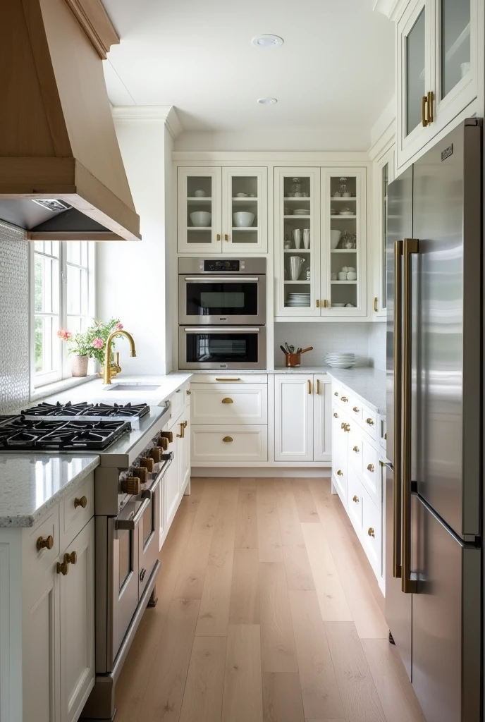 White Provençal kitchen with brass handles,the farmsink sink with the brass faucet on a side wall, o American stove com coifa e armários com vidros na parede do fundo, and the refrigerator built into the carpentry on the other side wall, a peninsula connected to the sink countertop with countertops in magblanc quartzite with a French door refrigerator built into the carpentry , stainless steel oven and microwave tower next to the refrigerator, American stove, hood built into the carpentry, light wood floor