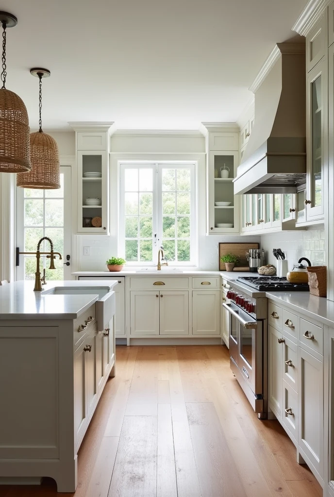 White Provençal kitchen with brass handles,the farmsink sink with the brass faucet on a side wall, o American stove com coifa e armários com vidros na parede do fundo, and the refrigerator built into the carpentry on the other side wall, a peninsula connected to the sink countertop with countertops in magblanc quartzite with a French door refrigerator built into the carpentry , stainless steel oven and microwave tower next to the refrigerator, American stove, hood built into the carpentry, light wood floor