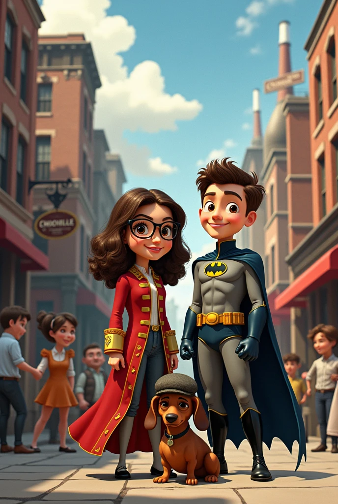 A brunette girl with wavy hair and round glasses dressed as Napoleon Bonaparte smiling next to a young man with short brown hair dressed as Batman and a Dachshund dog dressed as Sherlock Holmes posing with a family in an early 20th century industrial city with a sign indicating the street “Chochiville”. All with a style based on Disney Pixar drawings.