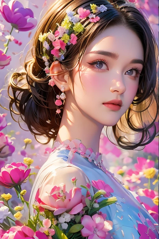 Absolutely absurd fantasy portrait of a charming girl, light, revealing dress with short sleeves ,silky soft hair with bright decorations,The beauty stands on the flowers, bright colors .The details of the face are perfect.,Wow, the character details are so good ,fashion portrait,bright colors,abstract background,Delicate shine,Translucent molten glass ,Frosted glass,masterpiece, Best quality,, Hyperreal,realistic ,high detail,a high resolution . 35mm photography, movie, hips, professional, 4K, very detailed