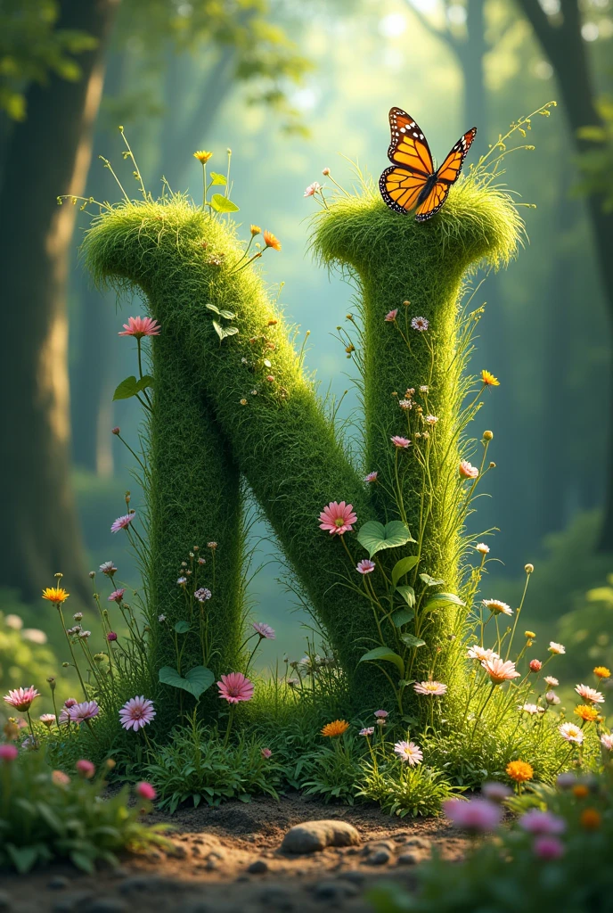 Alphabet "N" image with floral & butterfly in portrait background. i want forest vibe make the alphabet with grass,flower and butterfly resting. and underground is full with flower like garden