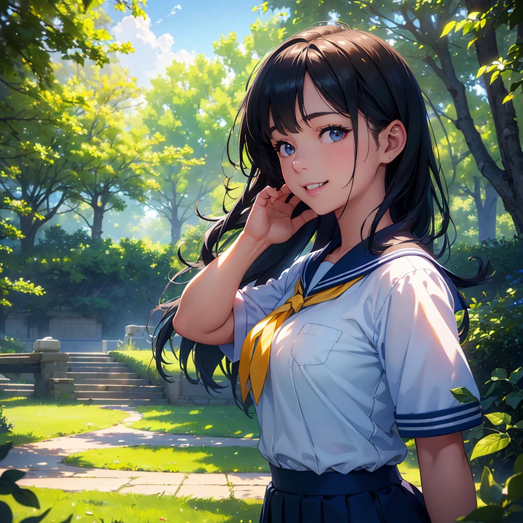 a young girl in a sailor uniform with a pleated skirt, standing in a peaceful park under a blue sky with dappled sunlight, smiling with her mouth open to reveal her buck teeth, waving her hand to beckon the viewer, detailed skin with a sun-kissed glow, (best quality,4k,8k,highres,masterpiece:1.2),ultra-detailed,(realistic,photorealistic,photo-realistic:1.37),vibrant colors,soft lighting,detailed portrait,serene landscape
