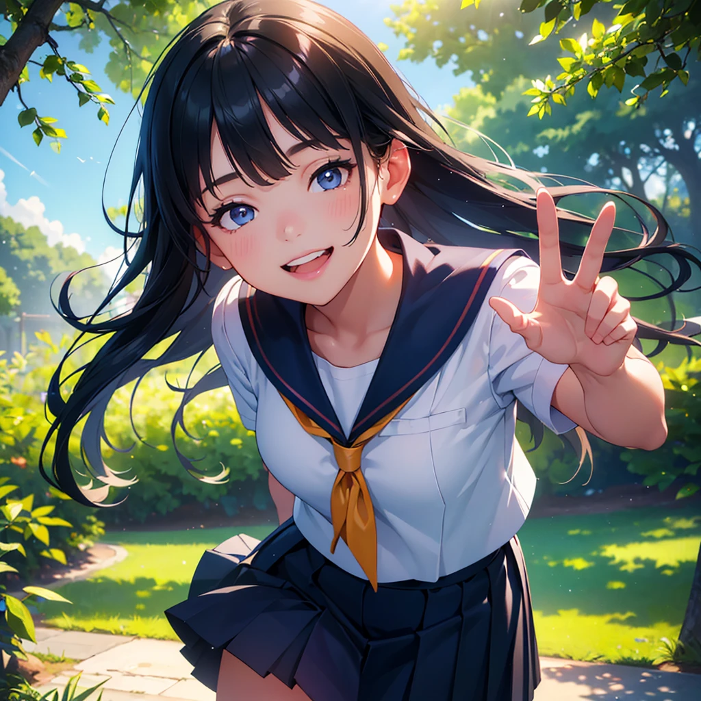 a young girl in a sailor uniform with a pleated skirt, standing in a peaceful park under a blue sky with dappled sunlight, smiling with her mouth open to reveal her buck teeth, waving her hand to beckon the viewer, detailed skin with a sun-kissed glow, (best quality,4k,8k,highres,masterpiece:1.2),ultra-detailed,(realistic,photorealistic,photo-realistic:1.37),vibrant colors,soft lighting,detailed portrait,serene landscape