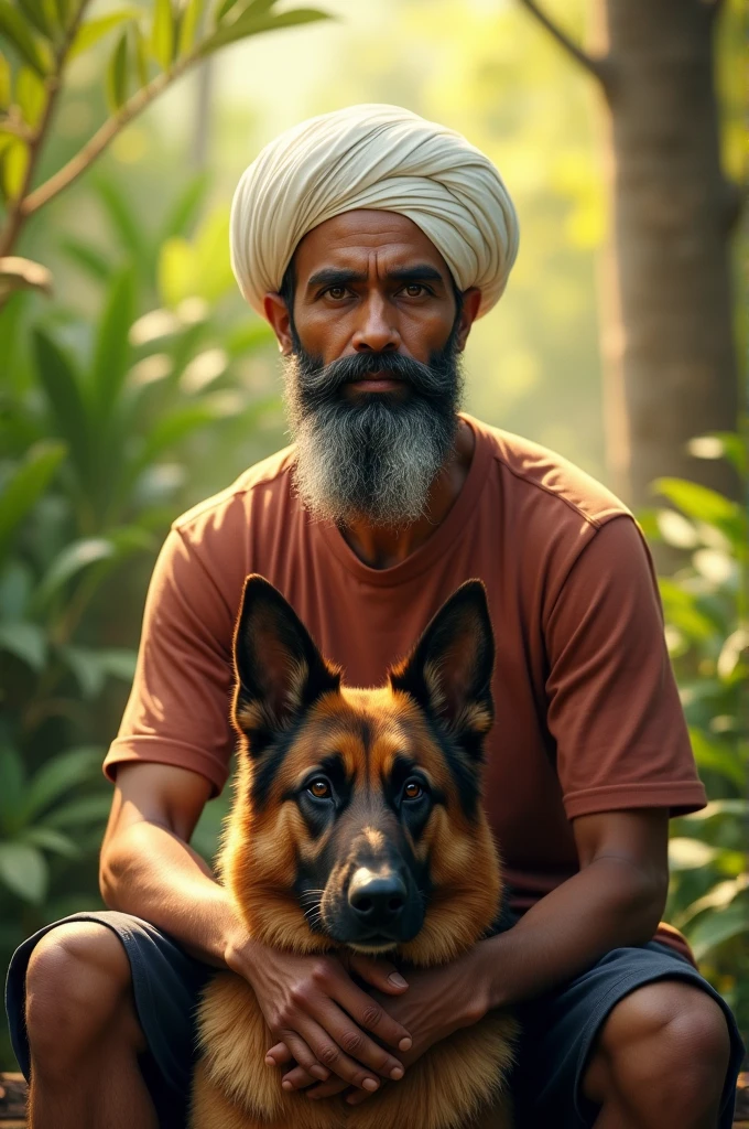 A 30y old,indian guy, Muslim, wearing white round reticulated cap, long beard without moustache, half arm red brown tshirt wearing, sitting on a German shepherd dog, background Plantes & few sunlight