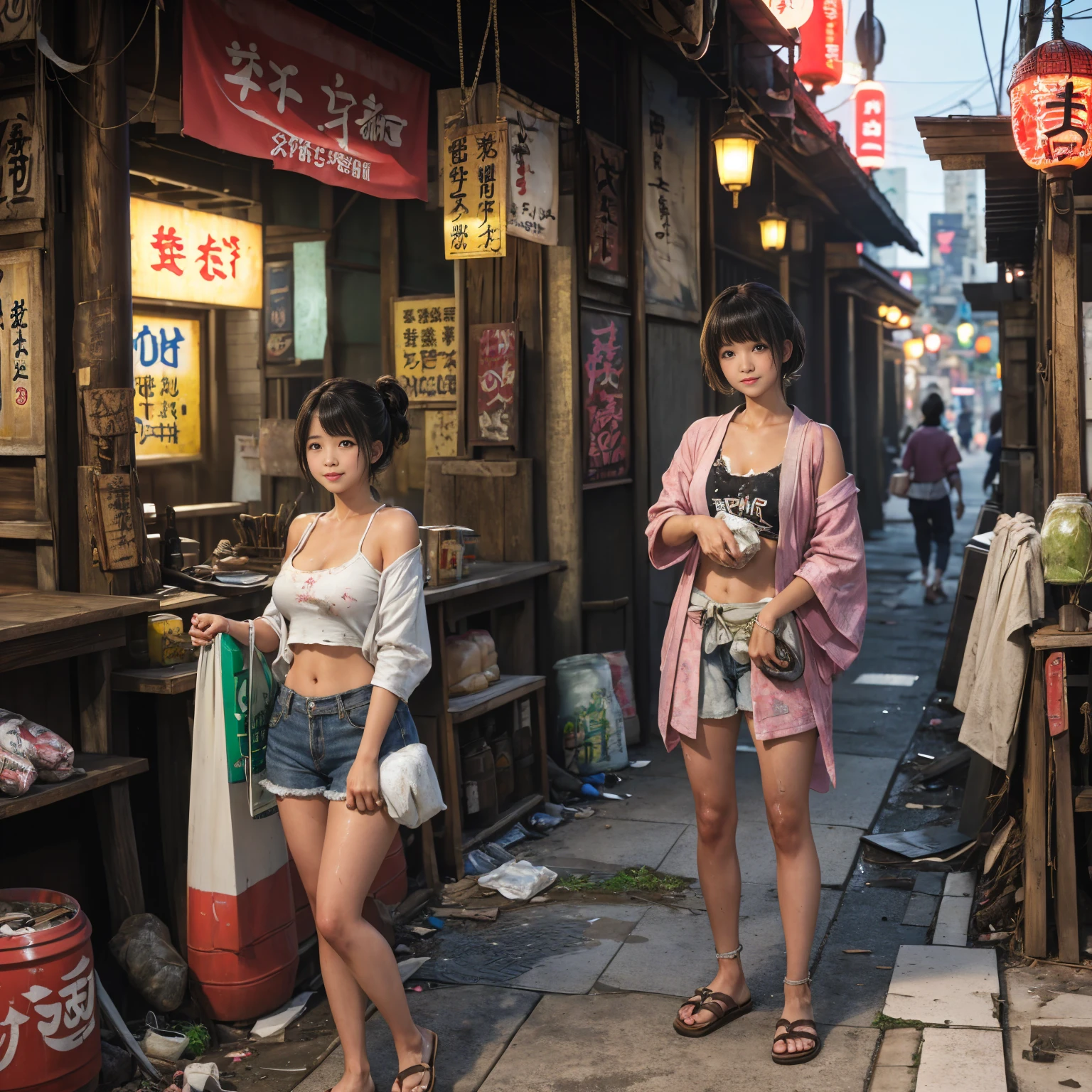 ((masterpiece、Highest quality))、Beautiful girls gather.、Three girls in summer clothes、(Showa Retro:1.2)、(Detailed and cute face:1.3)、(Poor conditions、Japan's poor neighborhoods、Dim and unsanitary、Standing Bar、みんなで楽しくdiet、Crumbling underground shopping mall:1.3)、屋台のdiet店、stage、sewage、Dirty shop、street vendors、Unsanitary and abandoned city、smile、t、Poor person々