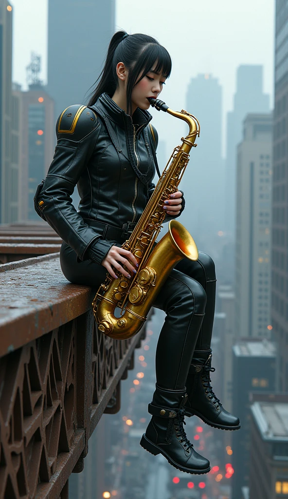 photo-realistic, ultra-realistic, very beautiful Japanese futuristic soldier, famous Japanese idol, 25 years old, dramatic scene, masterpiece, beautiful eyes, playing the sax at the top of the brooklyn bridge, skyscrapers, cyber punk mecha armor suits, dynamic pose, dynamic angle, sitting on the dangerous edge