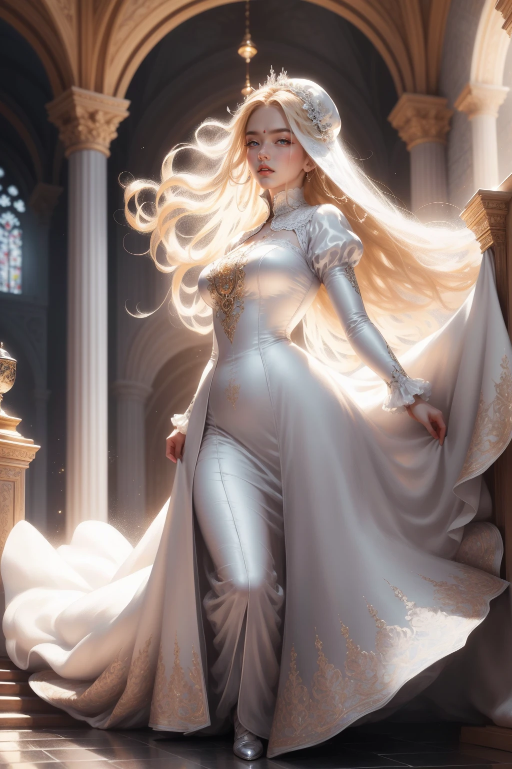 sensual woman, with completely white and pale skin, with red eyes, with very long white wavy hair, totally naked, walking through the gallery of a Gothic cathedral full of stained glass windows, painted in the style of a Renaissance painting