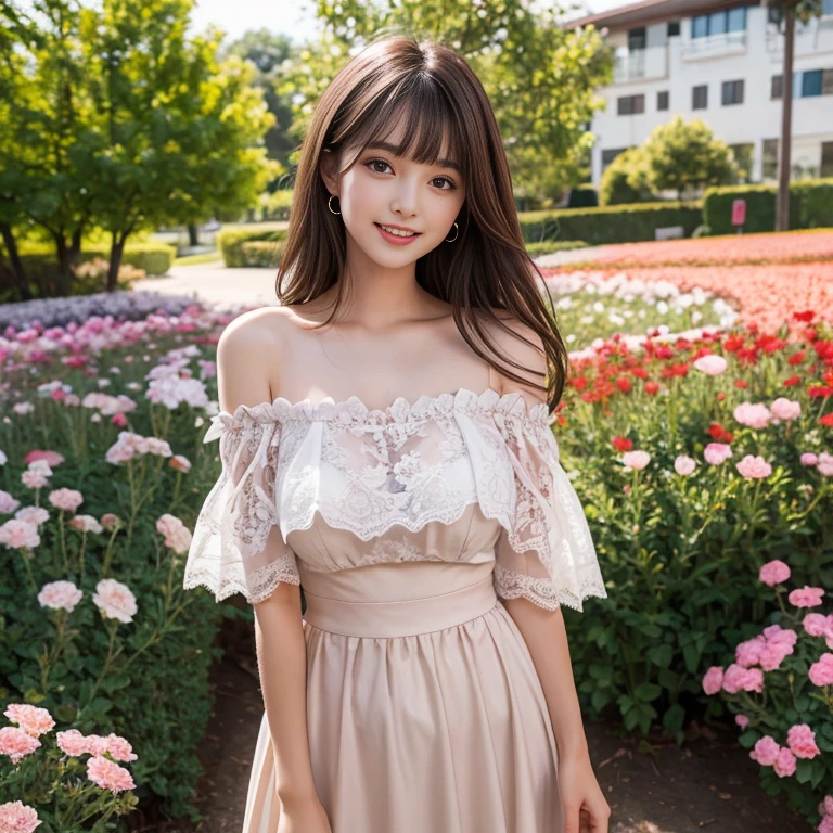 long skirt,in the flower field,Wear a dress,rotate,1 female, On the face, laughing out loud, light brown hair, blunt bangs, hair behind ears, Shoulder-length hair, long hair, Slender body type, 超face slimming型, face slimming, delicate lips, beautiful eyes, Thin blush, Eyes are light brown,View here, (actual:1.3), One person's perspective, 8k, Super detailed, high quality, best quality, High resolution, ,Large Breasts,wear a H cup, 21 years old,Off-shoulder tops,Lace top,puffy skirt