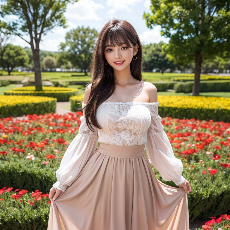 long skirt,in the flower field,Wear a dress,rotate,1 female, On the face, laughing out loud, light brown hair, blunt bangs, hair behind ears, Shoulder-length hair, long hair, Slender body type, 超face slimming型, face slimming, delicate lips, beautiful eyes, Thin blush, Eyes are light brown,View here, (actual:1.3), One person's perspective, 8k, Super detailed, high quality, best quality, High resolution, ,Large Breasts,wear a H cup, 21 years old,Off-shoulder tops,Lace top,puffy skirt