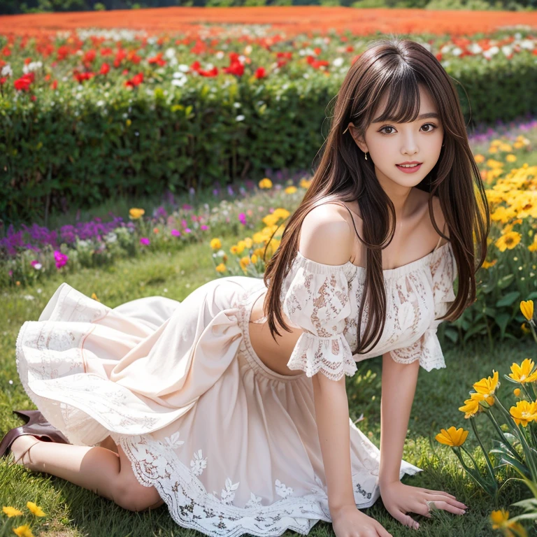 long skirt,in the flower field,Wear a dress,rotate,1 female, On the face, laughing out loud, light brown hair, blunt bangs, hair behind ears, Shoulder-length hair, long hair, Slender body type, 超face slimming型, face slimming, delicate lips, beautiful eyes, Thin blush, Eyes are light brown,View here, (actual:1.3), One person's perspective, 8k, Super detailed, high quality, best quality, High resolution, ,Large ,wear a H cup, 21 years old,Off-shoulder tops,Lace top,puffy s