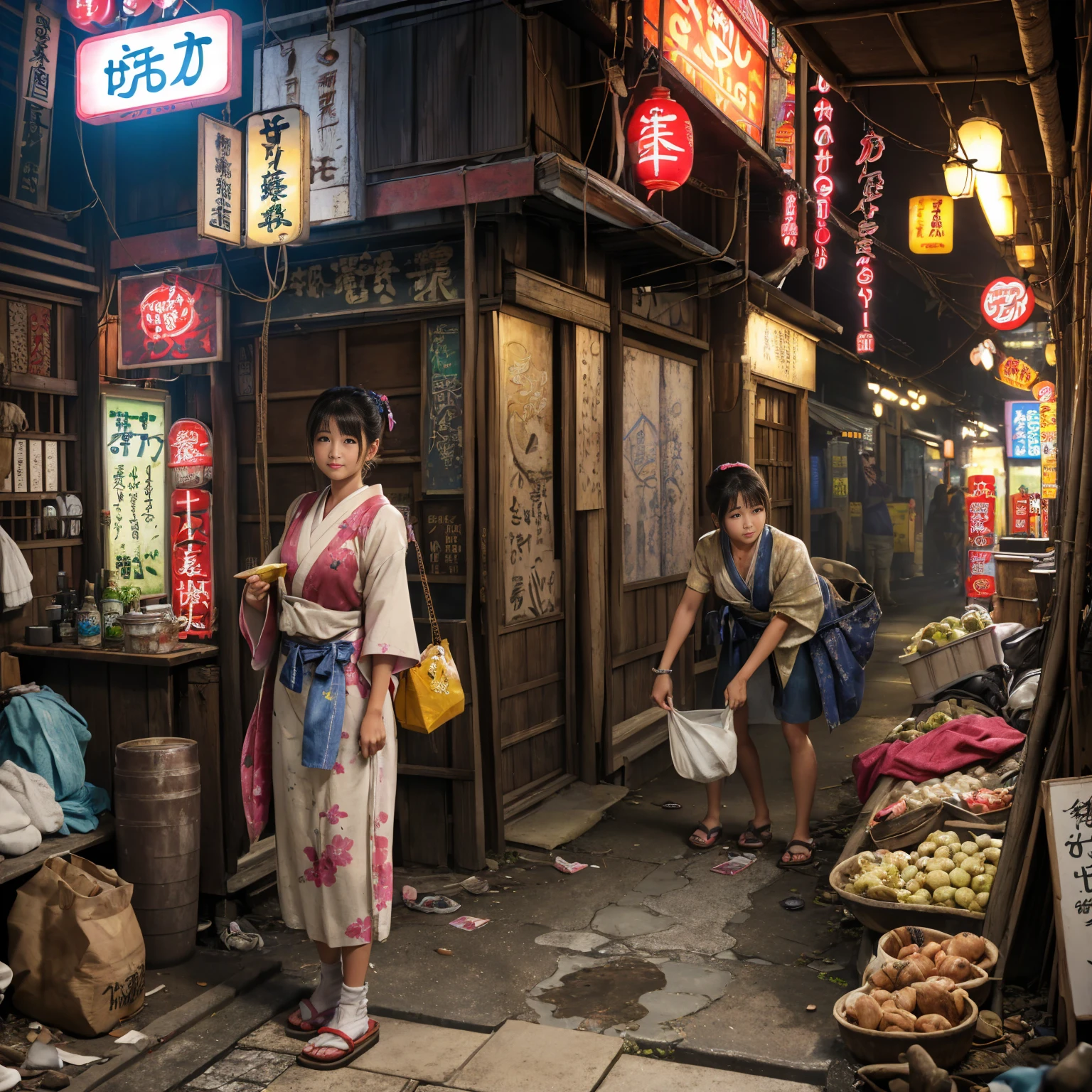 ((masterpiece、Highest quality))、Beautiful girls gather.、Three girls in summer clothes、(Showa Retro:1.2)、(Detailed and cute face:1.3)、(Poor conditions、Japan's poor neighborhoods、Dim and unsanitary、Standing Bar、みんなで楽しくdiet、Crumbling underground shopping mall:1.3)、屋台のdiet店、stage、sewage、Dirty shop、street vendors、Unsanitary and abandoned city、smile、diet、Poor person々