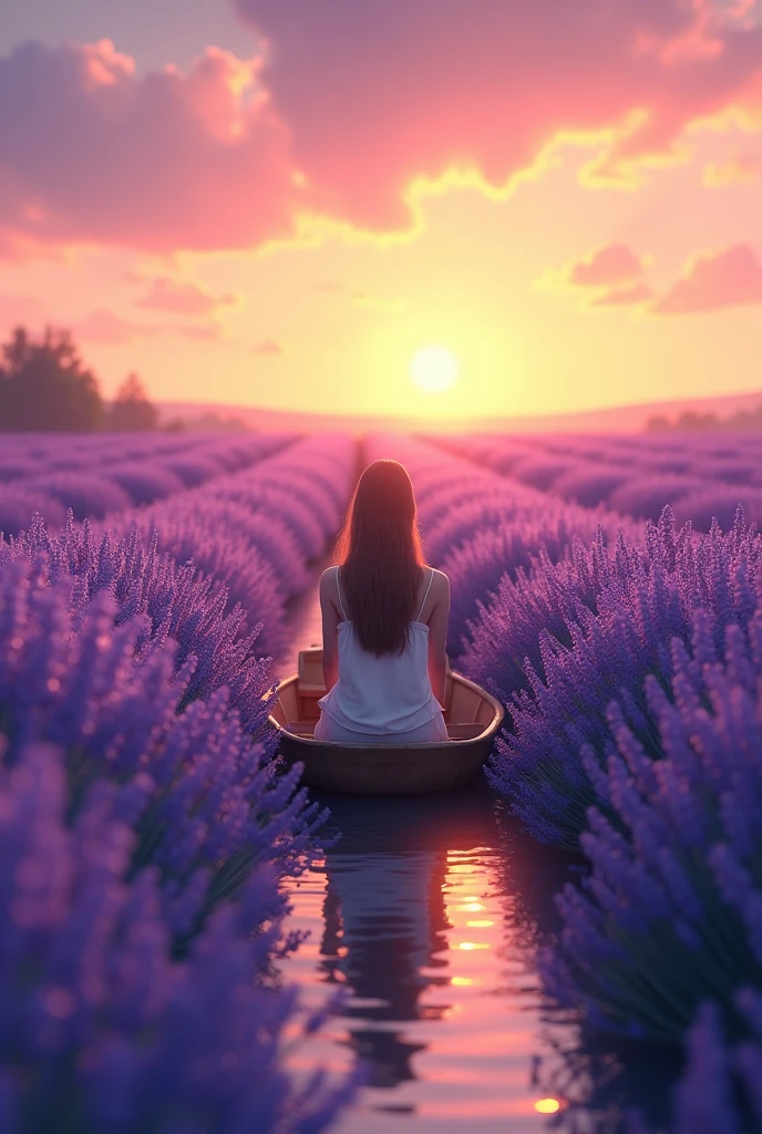((work of art, highest quallity, A highest quallity de imagem, high resolution, photorrealistic, CRU photo, 8k)), um field of flowers roxas com o sol se pondo ao fundo, really beautiful nature, Lilac sunbeams, lavender fields in full bloom, beautiful nature, violet sky, beautiful purple sky, purple sunset, violet and yellow sunset, stunningly beautiful, in a lavender field in France, at purple sunset, beautiful place, field of flowers de fantasia, purple sun, field of flowers, A young woman sits in a small boat in the middle of a lavender field,