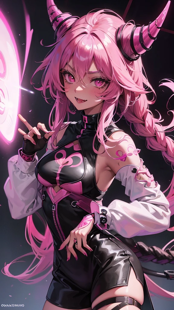 1 girl, anime, high quality, intricate details, futuristic, demon horns, dark skin, magenta hair, pink eyes, blushing, sharp fangs, smirking, fluffy hair, side braid, demon tail, heart tattoo, laughing, futuristic setting, streetwear