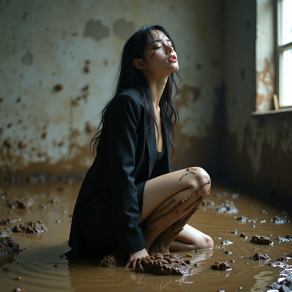 A super realistic photo of one business goth lady, exuding a slender, model-like appearance with long hair. She is dressed in a long and black and torn and ripped business pencil skirt made from cotton and wool fabric, black and muddy and torn business jacket made from cotton and wool fabric. black business vest, white muddy shirt, stockings, black choker on the neck. She located in very muddy and very flooded office. She sitting on her backs in flirtatious and modest pose, deep in the water and liquid mud, dips her head in the liquid mud and very torn her clothes and gets stuck in mud she smear a lot of liquid mud on own clothes and torn it by hand. She keep chunks of her torn clothes in hands crumpled and muddy. All her clothes is dirty, torn, ripped and sloppy, her skirt and jacket are very stained in a liquid mud and dirt. She look like have played in mud in a large swamp with brown liquid mud, her clothes covered with liquid mud from head to toe. The studio light brilliantly illuminates all her clothes in details, casting small shadows and emphasizing the texture of the mud on her clothes. Please focus on stains of liquid mud on her clothes. View angle of the camera from top and from behind of the business lady and rotated right.