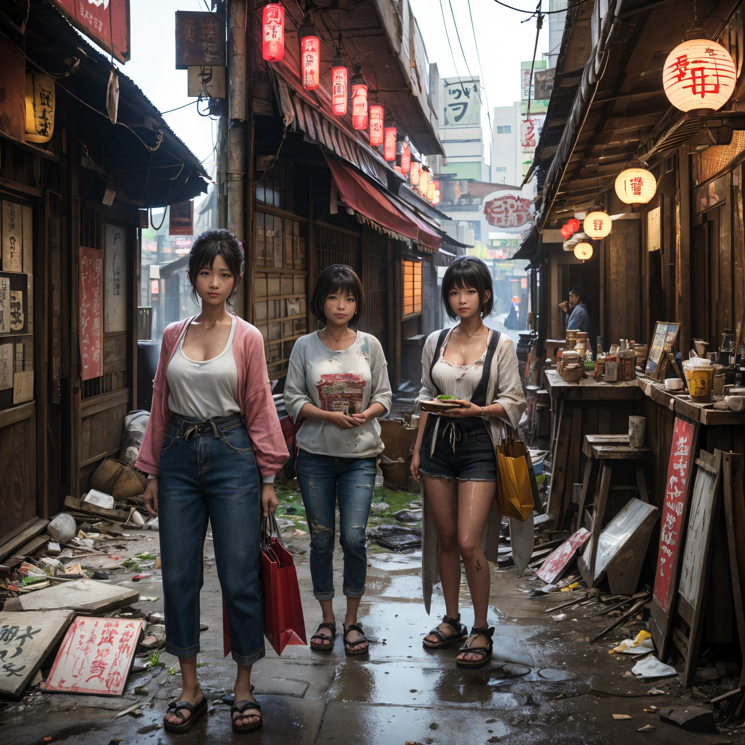 
((masterpiece、Highest quality))、Beautiful girls gather.、Three girls in summer clothes、(Showa Retro:1.2)、(Detailed and cute face:1.3)、(Poor conditions、Japan's poor neighborhoods、Dim and unsanitary、Standing Bar、みんなで楽しくdiet、Crumbling underground shopping mall:1.3)、屋台のdiet店、stage、sewage、Dirty shop、street vendors、Unsanitary and abandoned city、smile、diet、Poor person々