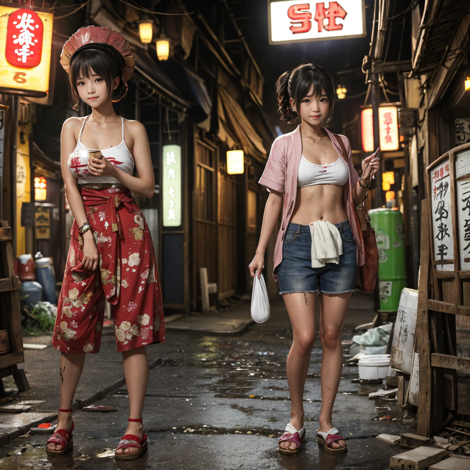 ((masterpiece、Highest quality))、Beautiful girls gather.、Three girls in summer clothes、(Showa Retro:1.2)、(Detailed and cute face:1.3)、(Poor conditions、Japan's poor neighborhoods、Dim and unsanitary、Standing Bar、みんなで楽しくdiet、Crumbling underground shopping mall:1.3)、屋台のdiet店、stage、sewage、Dirty shop、street vendors、Unsanitary and abandoned city、smile、diet、Poor person々