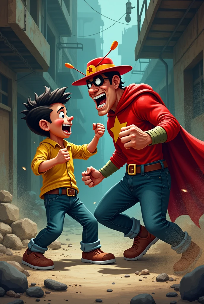 the curse of the seven skin, garoto adolescente chorando,I show behind him, princess running and the monster behind.