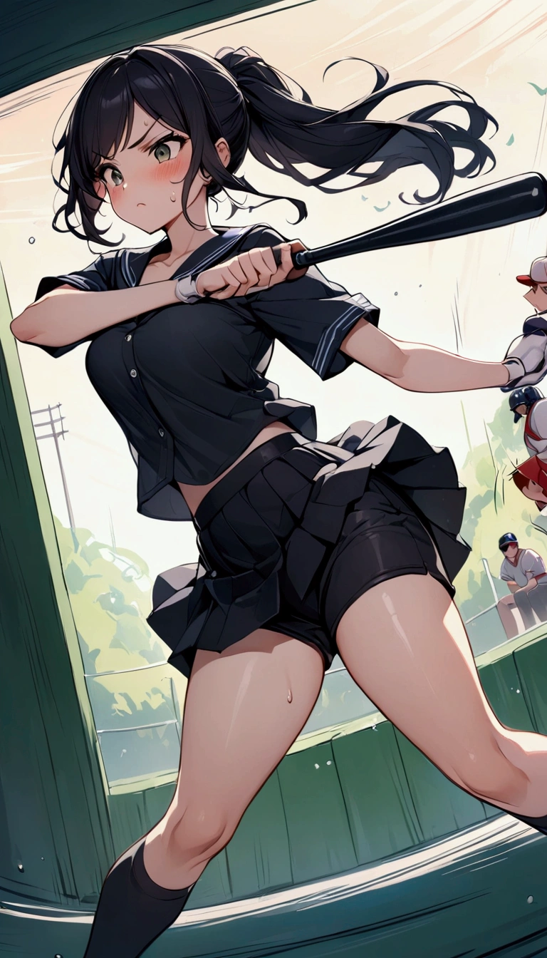 from side,{{Baseball bat-swing:1.8}}.Animated image of a player swinging a baseball bat at a ball,{{action}},{{Baseball bat-swing, skirt flips up, glimpse of black shorts:1.8}},striking out swinging,Black shorts in skirt,Cartoonish ,Line of effect,JK,1girl, solo, athlete body,{{swing a baseball bat:1.8}},Baseball bat,swing,twist,Rotation and twisting of the body,{{masterpiece}}, {{{Highest quality}}},{{Very detailed}},cowboy shot, dutch angle,Dynamic composition, A high school girl is swinging and missing at a batting cage,school uniform,mini skirt,Short sleeve blouse clavicle Knee-high socks Speed Line Motion Lines ,Batting Center,Bat,Sweat,Bad mood, be flustered,frustrating,{{v-shaped eyebrows}},Bad mood,blush,Sweat,raise one's eyebrows ,Black Hair,batting glove,Indoor batting center,sidelong glance,Black Skirt,Long Hair,ponytail,Black shorts,Above the baseball batter's box,No one in the background ,Green wall background