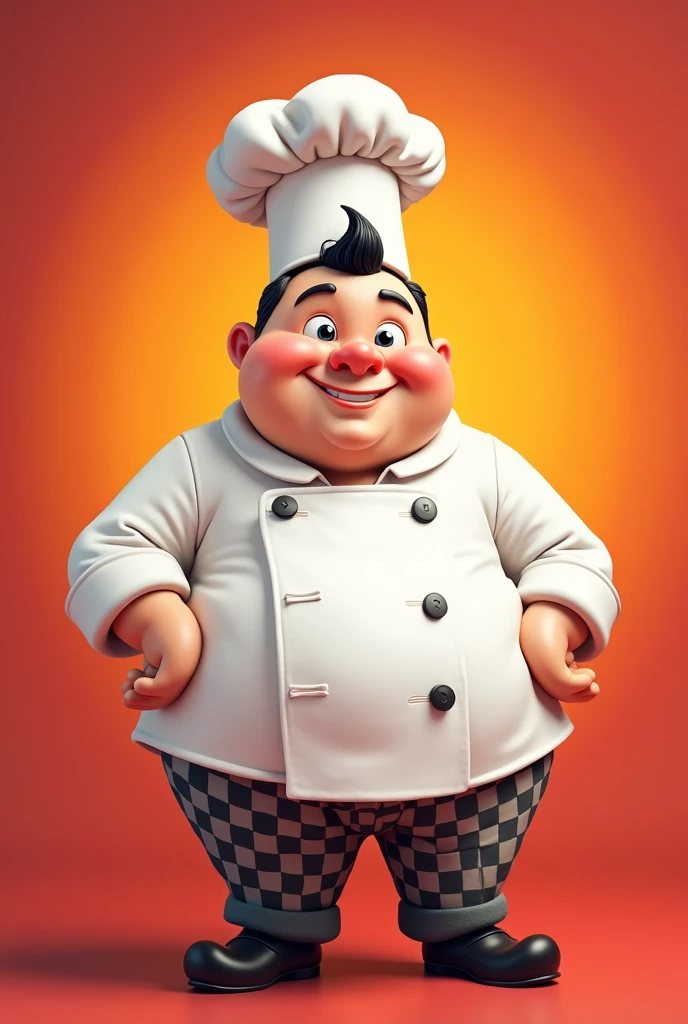 Por favor, create a white man logo, chubby with black tuft, dressed in chef's clothes and cap. No fundo, vermelho e laranja