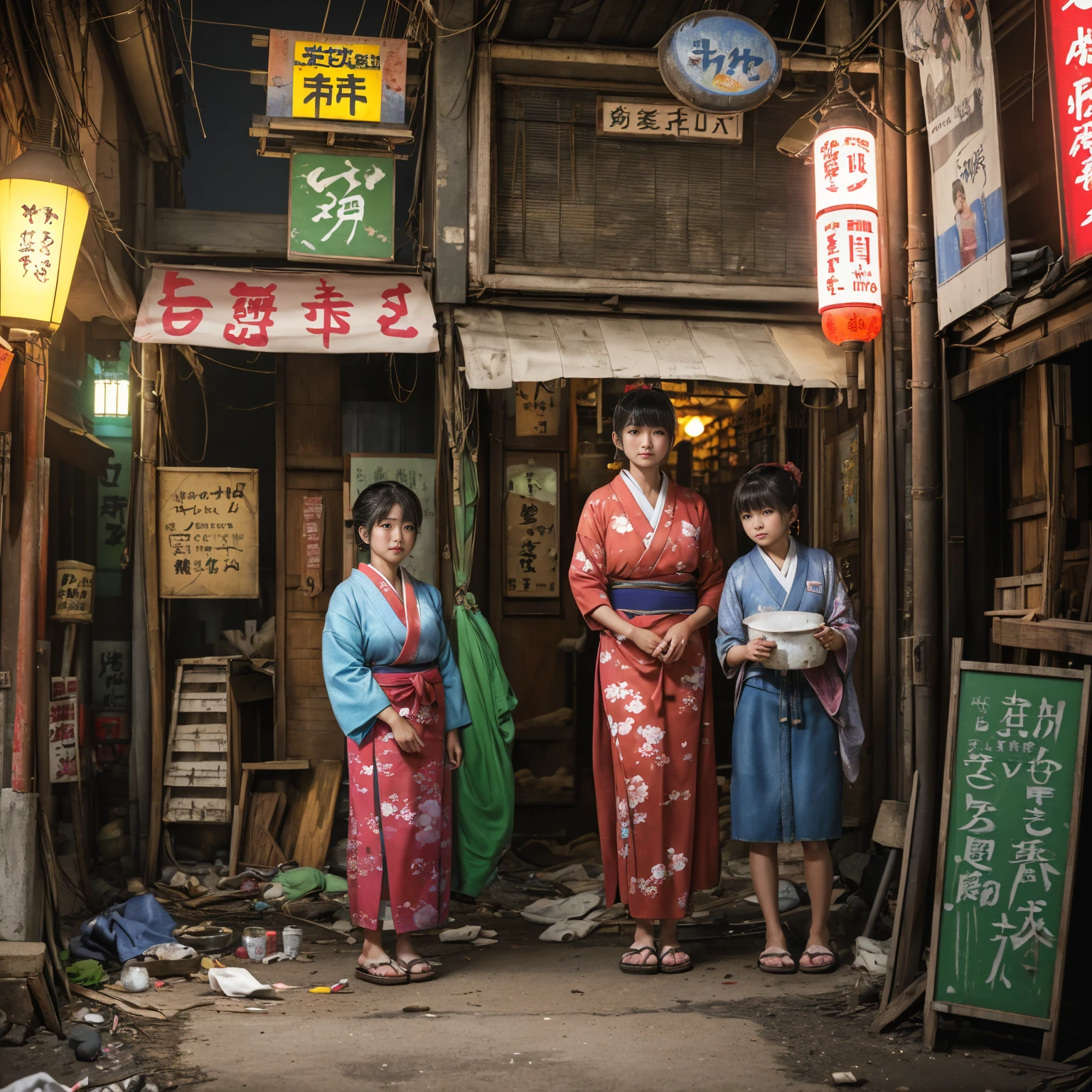 ((masterpiece、Highest quality))、Beautiful girls gather.、Three girls in summer clothes、(Showa Retro:1.2)、(Detailed and cute face:1.3)、(Poor conditions、Japan's poor neighborhoods、Dim and unsanitary、Standing Bar、みんなで楽しくdiet、Crumbling underground shopping mall:1.3)、屋台のdiet店、stage、sewage、Dirty shop、street vendors、Unsanitary and abandoned city、smile、diet、Poor person々